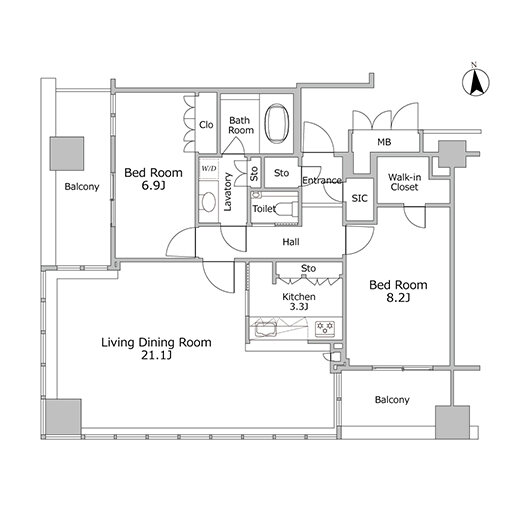 2LDK 専有面積 87.48㎡（約26.46坪）｜品川グラスレジデンス