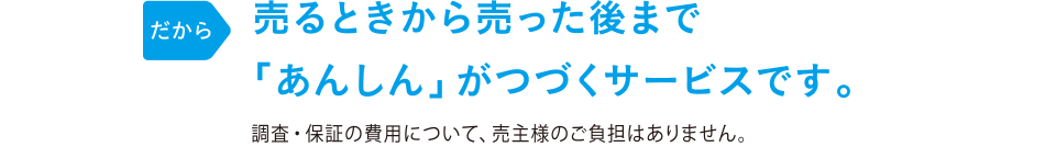 だから 土地を売るときから売った後まで「あんしん」がつづくサービスです。 調査・保証の費用は当社が負担しますので、売主様のご負担はありません。