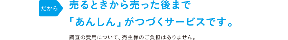だから 土地を売るときから売った後まで「あんしん」がつづくサービスです。 調査・保証の費用は当社が負担しますので、売主様のご負担はありません。