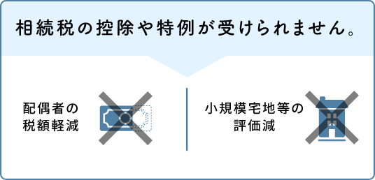 相続税の控除や特例が受けられません。（配偶者の税額軽減✕、小規模宅地等の評価減✕）