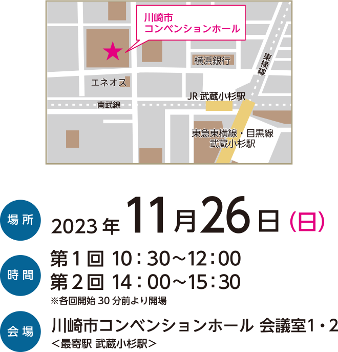 場所：2023年11月26日(日) 　時間：第一回10:30～12:00 第二回14:00～15:30 ※各回開始30分前より開場　会場：川崎市コンベンションホール 会議室1・2＜最寄駅 武蔵小杉駅＞