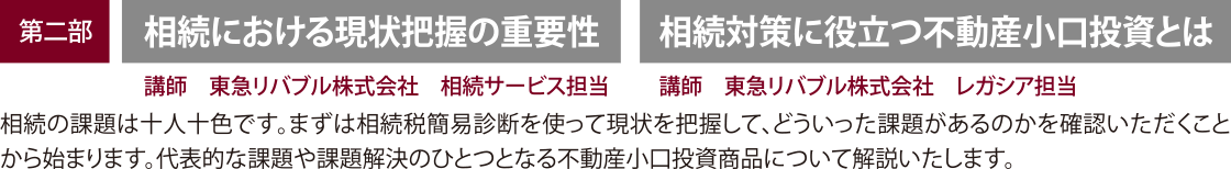 開催内容・講師　【第二部】「相続における現状把握の重要性」 講師：東急リバブル株式会社、相続サービス担当